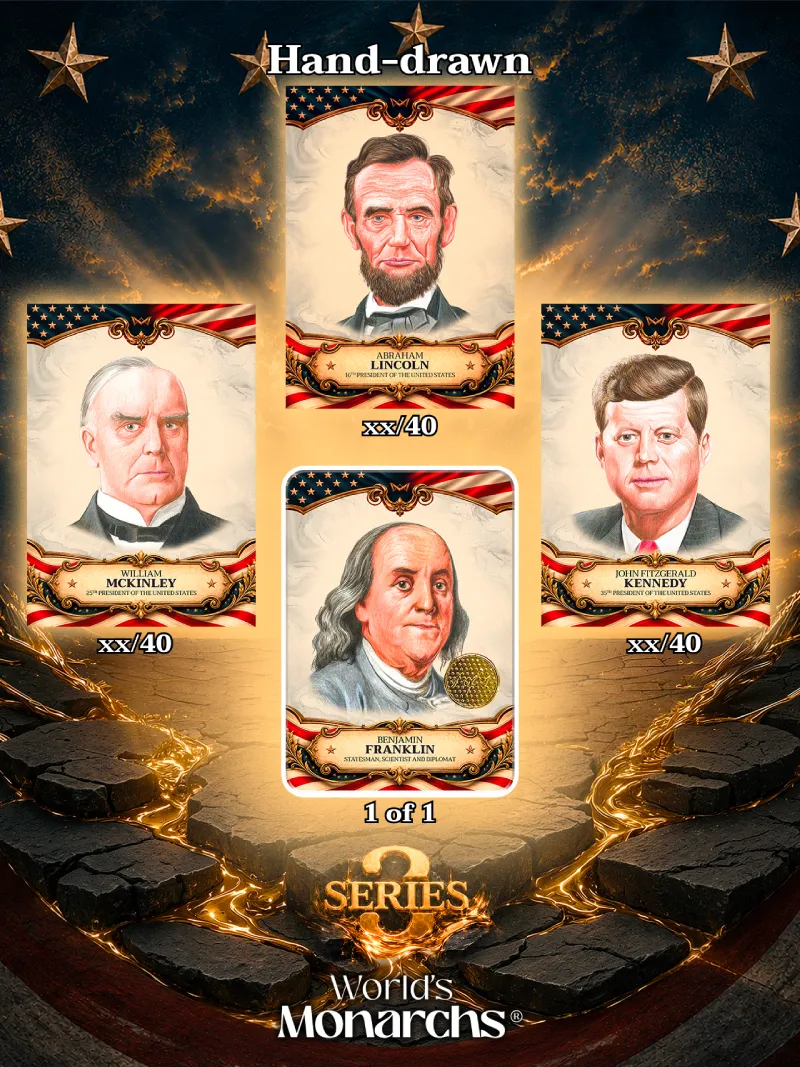 Hand-drawn karty World's Monarchs: Series 3 - 250 Years of American history